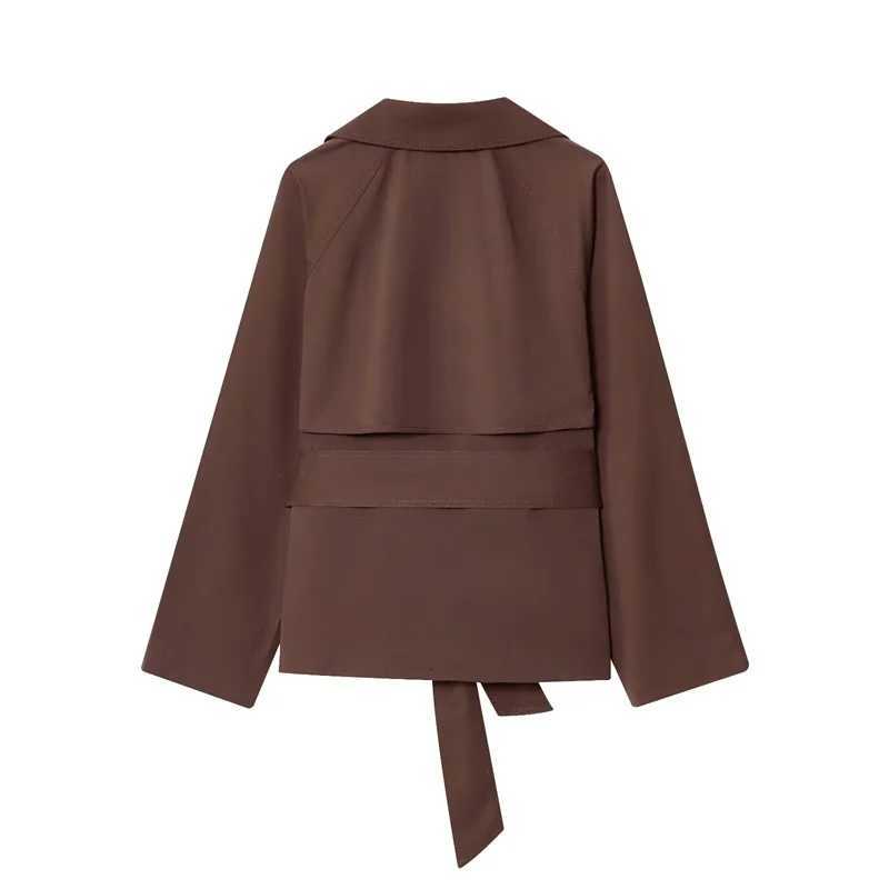 Womens Jacket New Fall 2025 Russet Long Sleeve Belt Embellished Short Trench Coat Casual Fashion Personality VersatileT251216