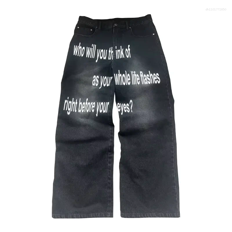 Men's Jeans Y2K Men American Pattern Letter Baggy Women Floor Harajuku Hip Hop Goth Casual Wide Leg Streetwear - view 9