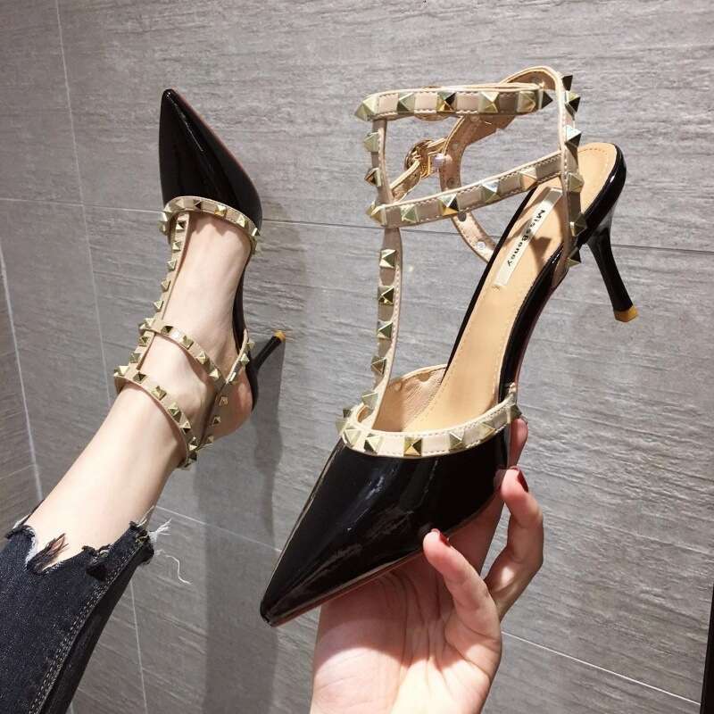 Studded High Heels Thin Heel Single Shoes Versatile 2023 Summer Sexy Pointed Toe T-Strap Backless Rivet Sandals Women