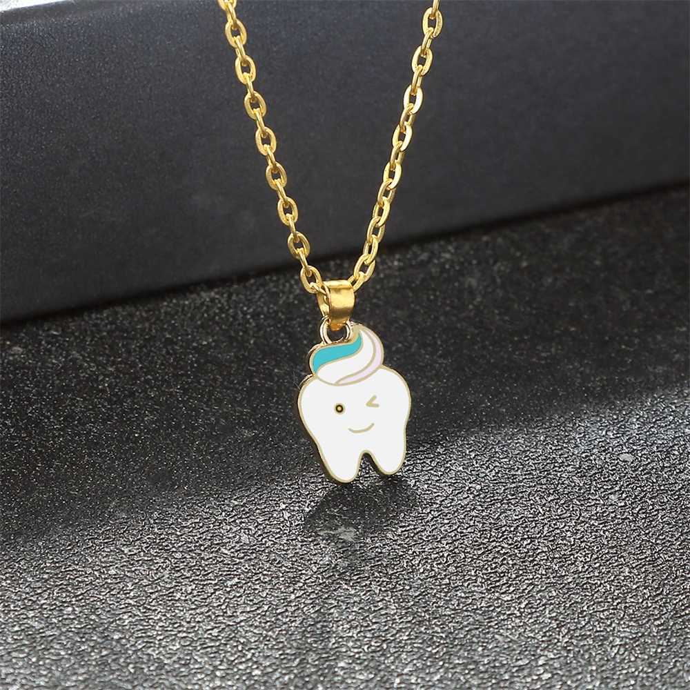 Cartoon Teeth Toothpaste Pendant Necklace for Girls Women Protect Tooth Adjustable Golden Alloy Chain Lobster Clasp Jewelry Gift M251216