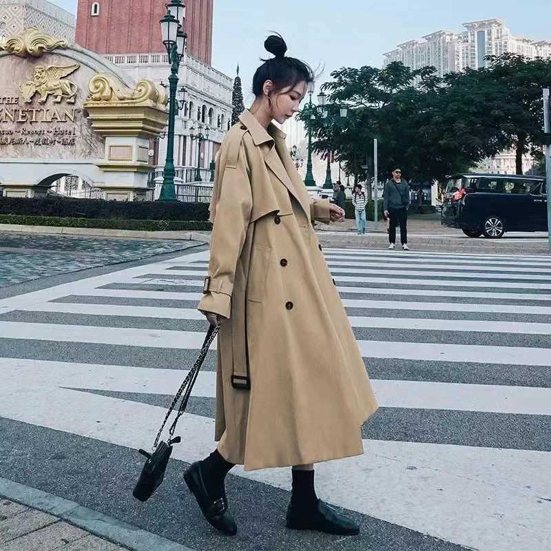 New Streetwear Loose Trench Coat Women Mid Long Fashion Korean Elegant Khaki Windbreaker Coat Casual Double Breasted Female TopsT251216