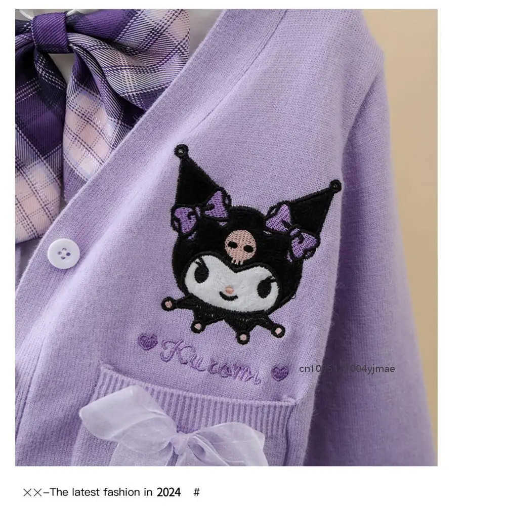 Sanrio Anime 3Pcs Kuromi Melody Girls Jk Plaid Skirt Set Fashion Cardigan Pleated Skirt Kids Spring Autumn College Style Teen H251216