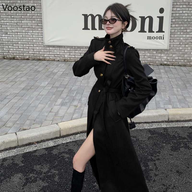 Korean Fashion Black PU Leather Trench Coat Women Casual Moto Biker Long Jackets Y2k Vintage Female Streetwear Autumn ClothesT251216