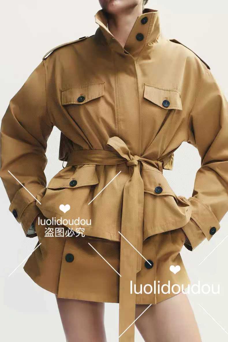 5320/888 Autumn womens clothing lace-up short simple cropped trench coat belt jacket 5320888 756T251216
