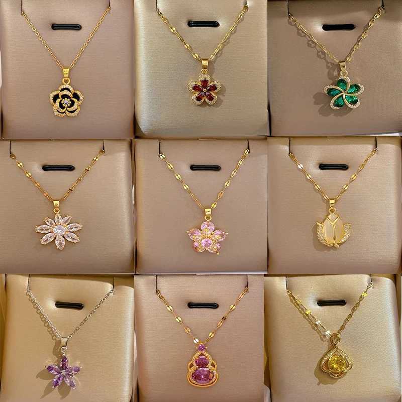 OIMG Stainless Steel Multiple Styles New Design Heart Flower Zircon Pendant Necklace for Women Girls Elegant Luxury Jewelry M251216