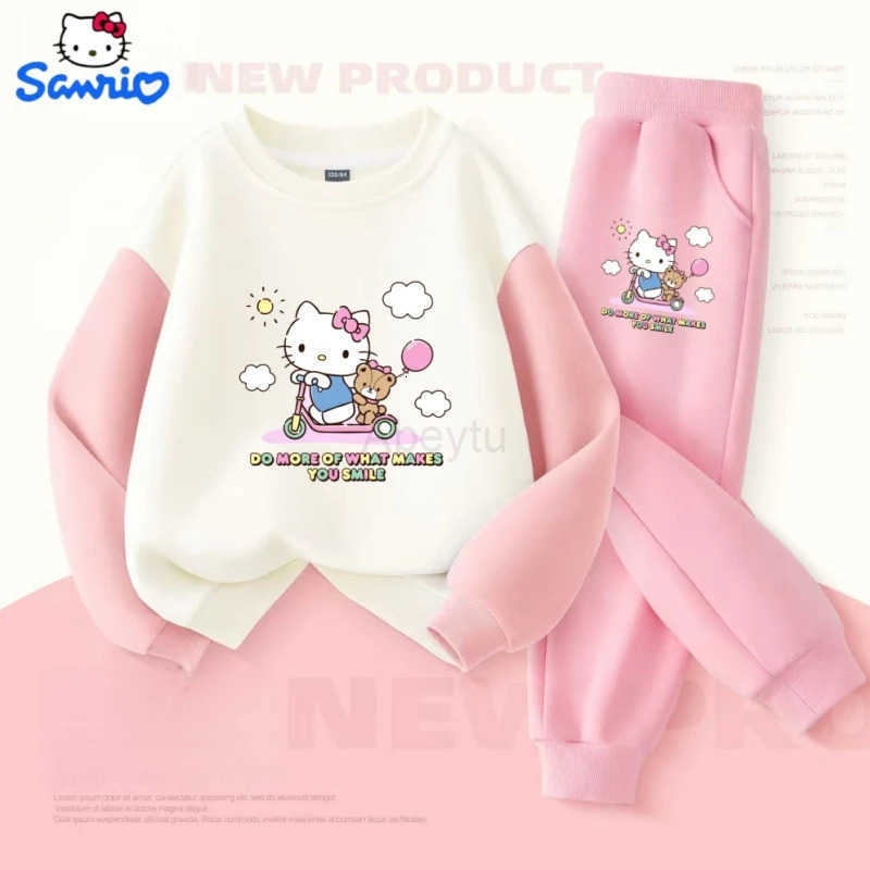 Sanrio Autumn Baby Girls Clothes Set Kid Hello Kitty Printed Sweatshirts Pullover Top Pants 2pcs Children Patchwork Tracksuit H251216
