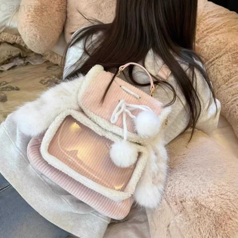 Sanrio Korean Patchwork Fluffy Ears Transparent Ita Bags Casual Simple Kawaii Cute Schoolbags Sweet Y2k Girls Fashion Backpacks Women H2512161