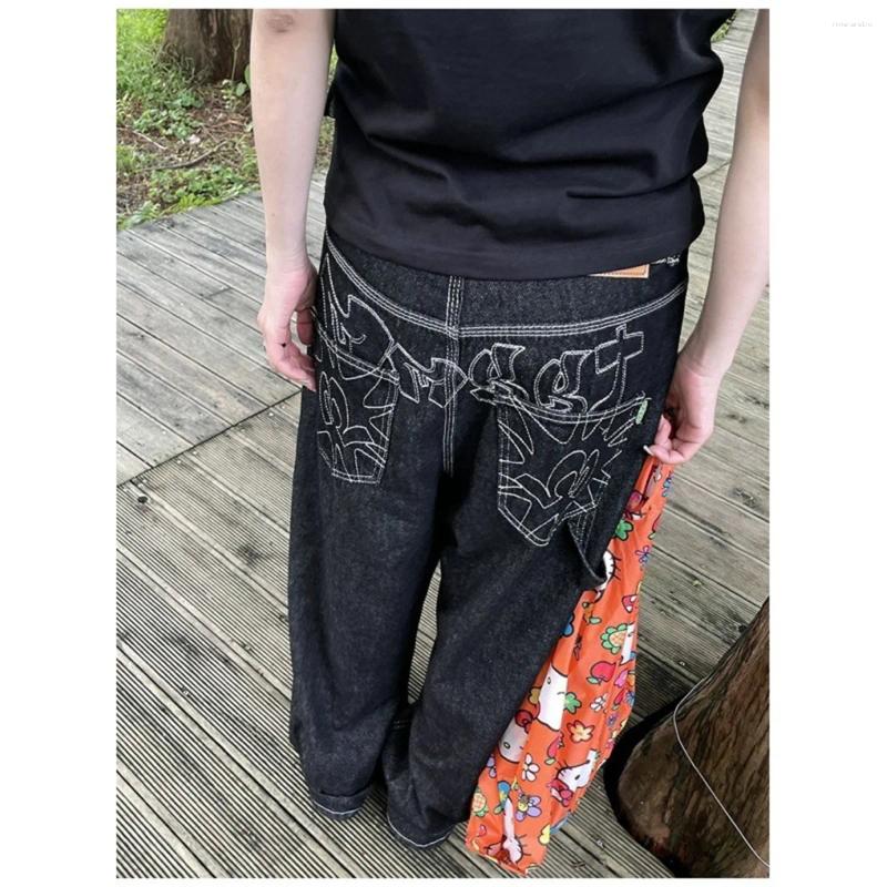 Women's Jeans Vintage Embroidery Black Women Oversized Streetwear Grunge Y2k Baggy Denim Trousers Wide Leg Boyfriend Jean Hip Hop Gothic Z260313