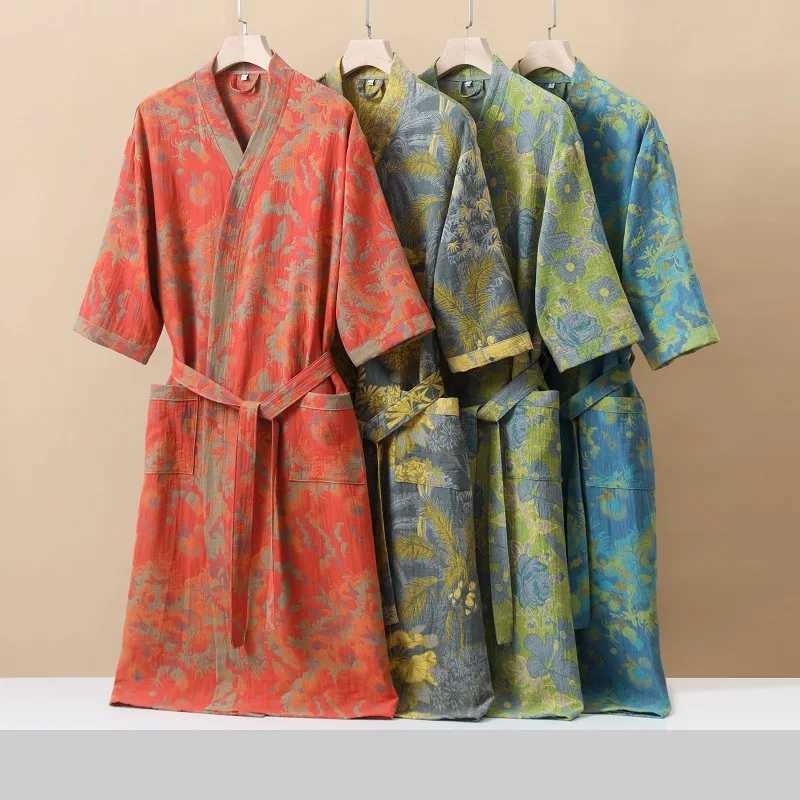 Cotton Fashionable Printed Half Sleeve Kimono Bathrobe for Spring and Summer Thin Home Wear Absorbent Quick Drying Sleeping Robe C251216