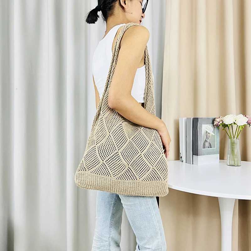 New Trend Womens Bag Crochet Handbag Knitted Solid Color Hollow Top-handle Tote Bag Travel Shopper Shoulder Bag M251216