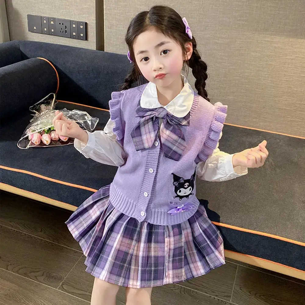Sanrio Anime Kuromi My Melody 3Pcs Childrens Suit Jk Plaid Skirt Sanrioes College Style Set Cardigan Pleated Skirt Kids Spring Autumn H251216