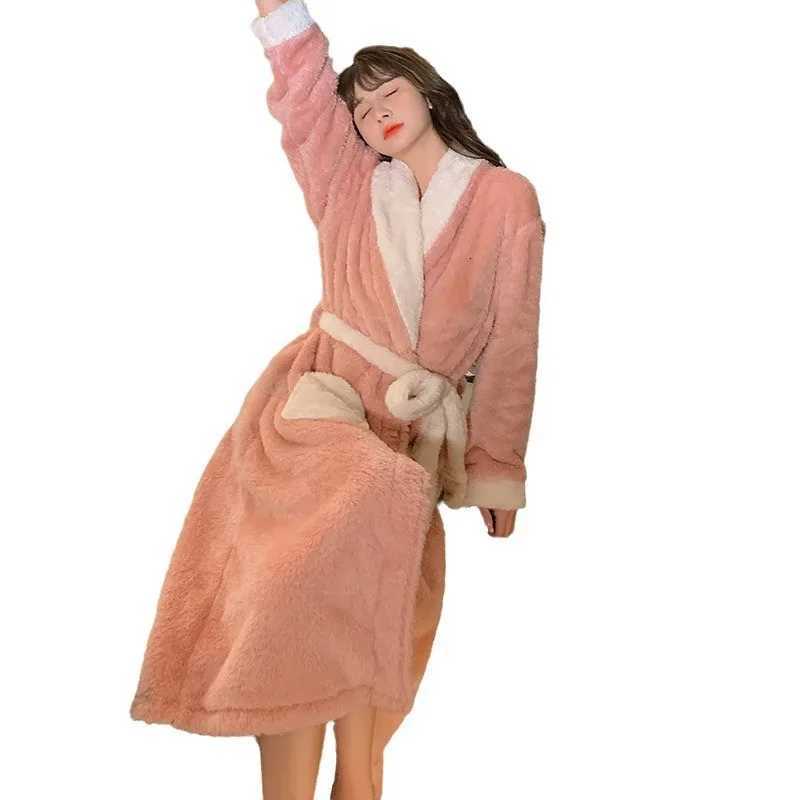 Winter New Kimono Robe Womens Coral Velvet Thickened Bathrobe Extra Long Female Flannel Dressing Gown Loose Home Clothes C251216