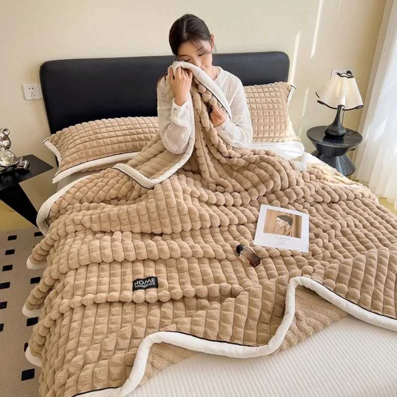 Thicken Solid Colour Double Layer Throw Blanket Soft Warm White Striped Office Nap Sofa Blankets Queen Double Fluffy Bed Plaid H251216 - view 6