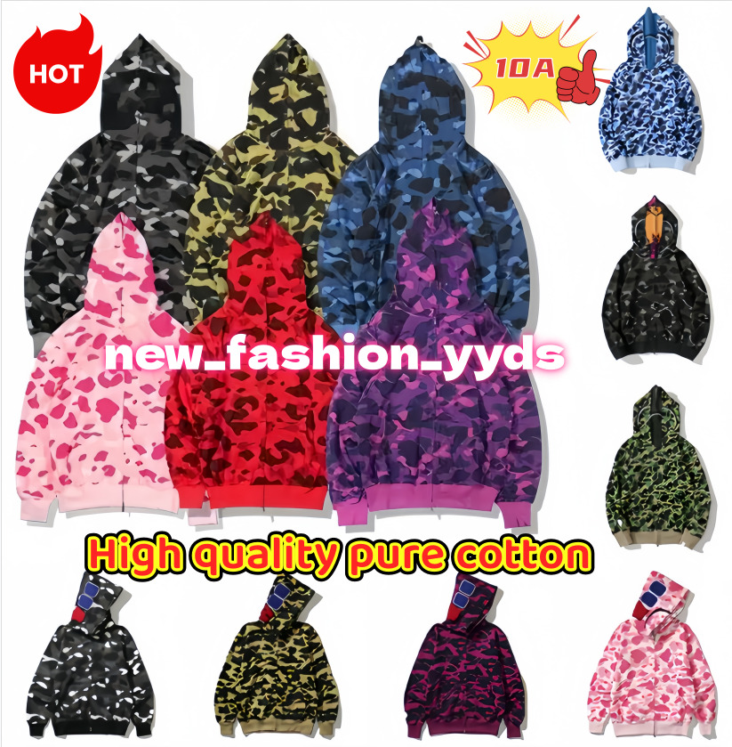 Designer Cotton Bapejackets Hoodie Mens Hoodies Fashion Print shark Hoody Sweatshirt Casual Loose Long Sleeve Full Zip Up Overshirt Print Hooded Sweatshirt