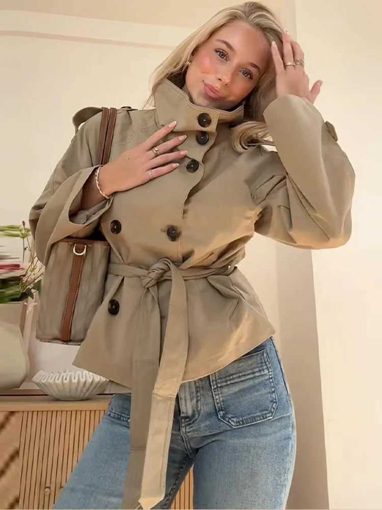 Women Solid Lace Up Trench Coat Elegant High Neck Double Breasted Full Sleeve Windbreaker Lady Fashion Street Casual Daily CoatsT251216