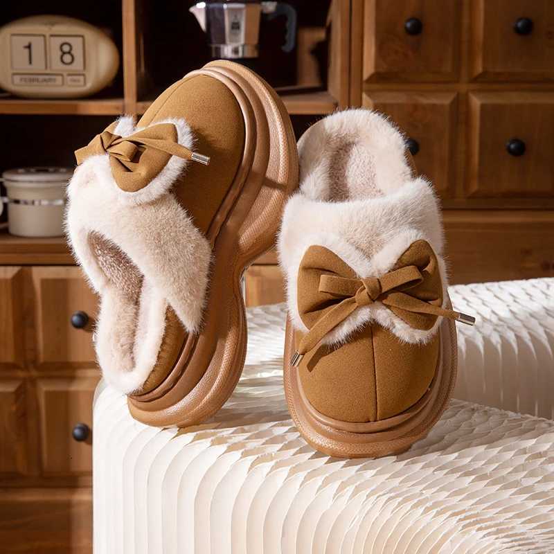 Bow Fluffy Womens Slippers Home Winter Plush Luxury Designer Woman Shoes Wedges Platform Fuzzy Fur Slides Fashion Soft Sole Z251216