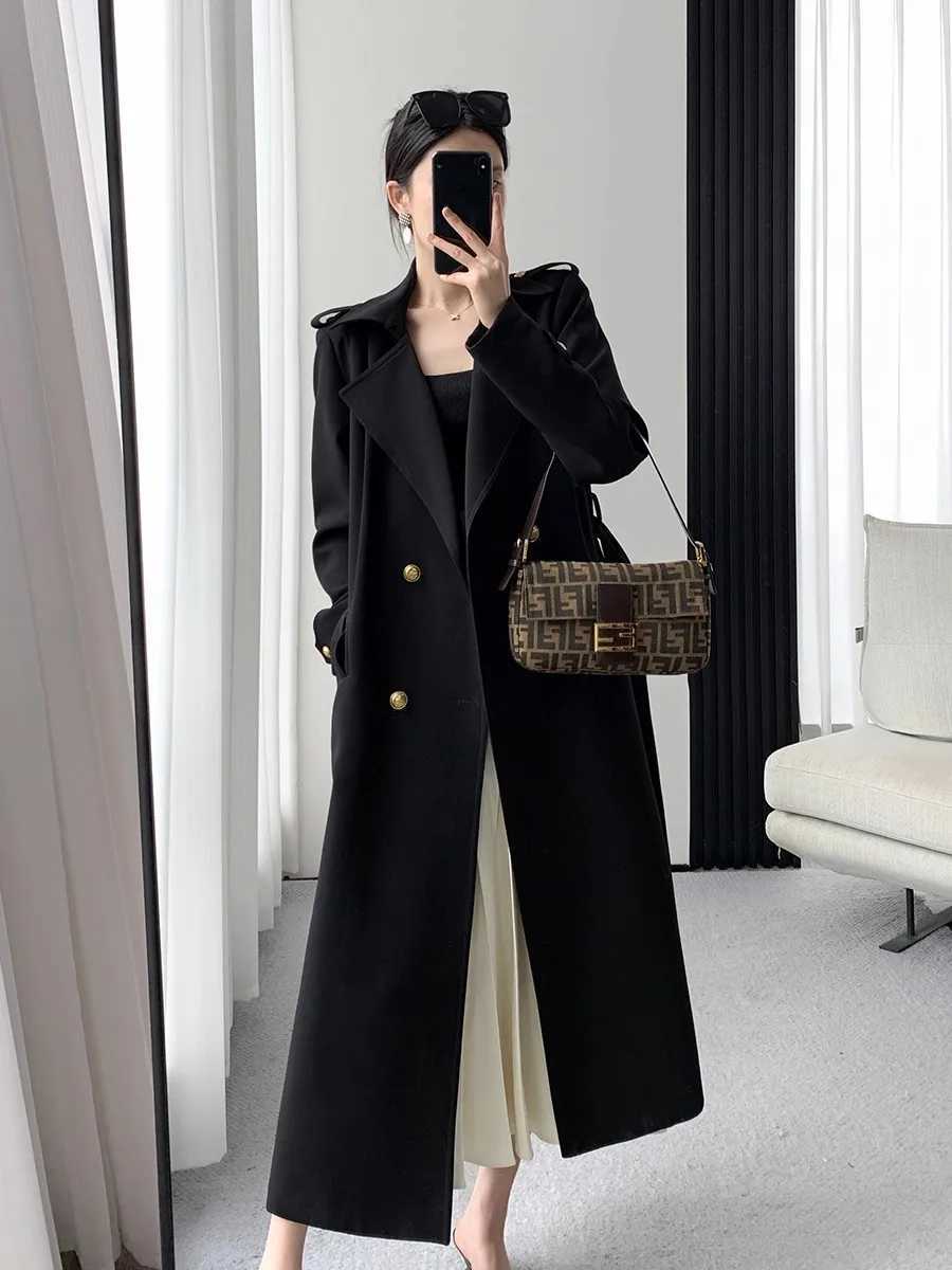 Lautaro Spring Autumn Long Black Trench Coat for Women Gold Buttons Double Breasted Elegant Chic Luxury Designer Clothes 2025T251216
