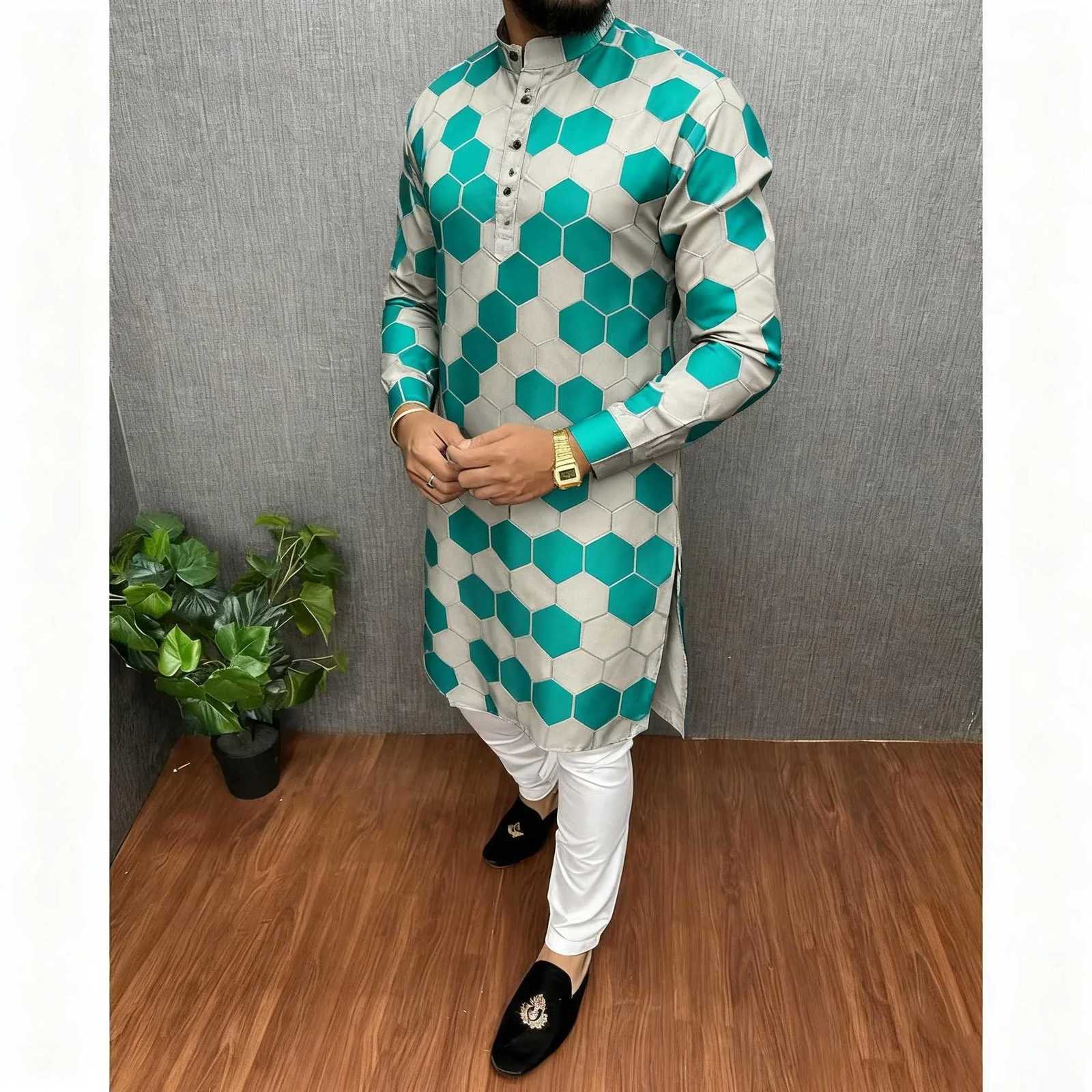 Men Islamic Arabic Abaya Robe Ethnic Print Stand Collar Youth Mid-length Shirt Luxury Coat Moslim Kleding Vestiti Musulmani Uomo W251216 - view 6