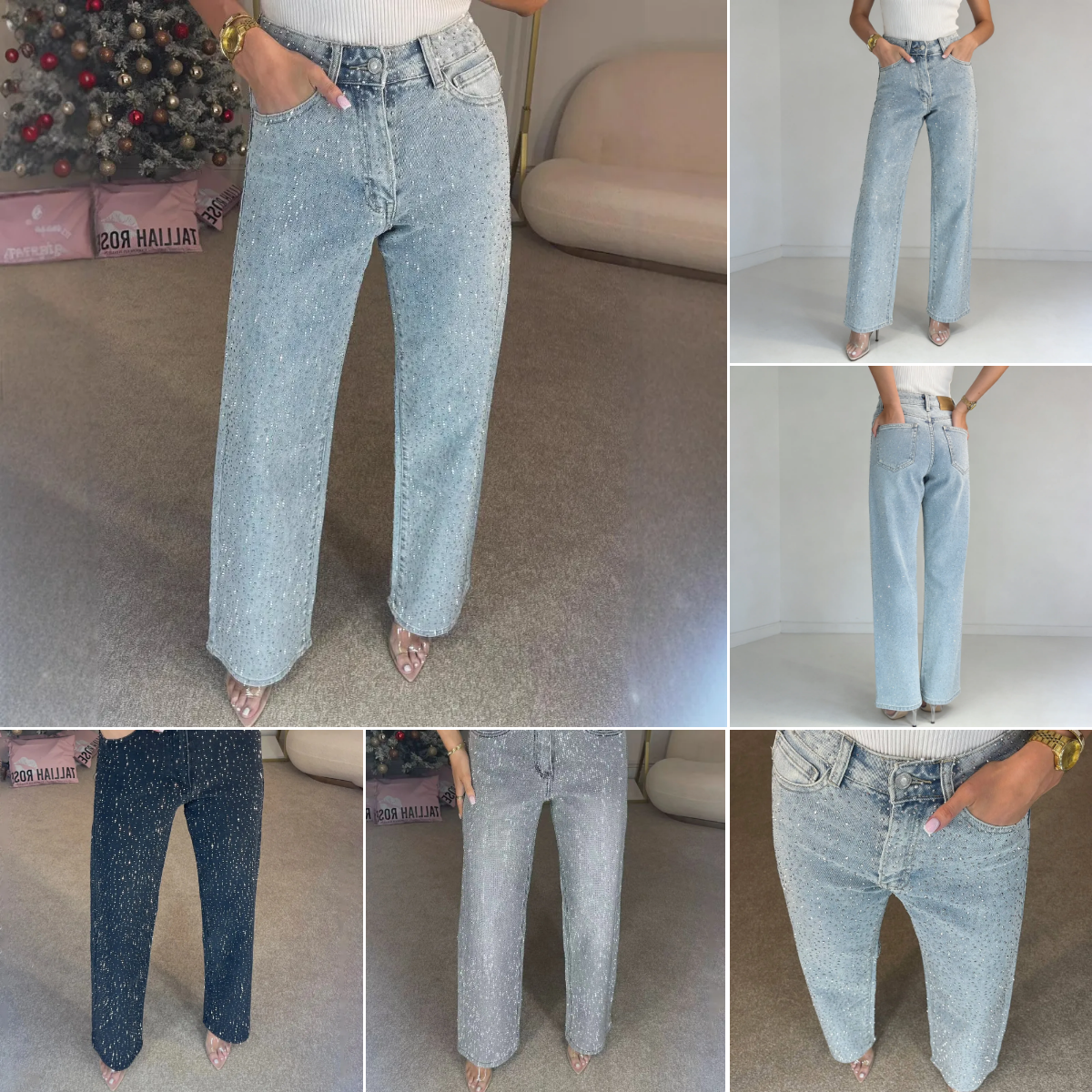 Designer Women's Jeans Straight Jeans for Women Diamonds Pants Stretch High Waist Washed Distressed Pockets Vintage Denims Streetwear Female Trou