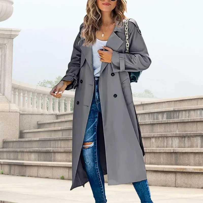 Loose Women Trench Coat Windproof Double-Breasted Lady Outerwear Solid Color Lapel For Autumn Women ClothingT251216