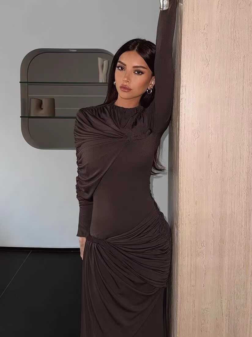 Mozision Hollow Out Long Sleeve Sexy Maxi Dress For Women Gown Fashion Solid Bodycon Ruched Club Evening Elegant Long Dress L251017