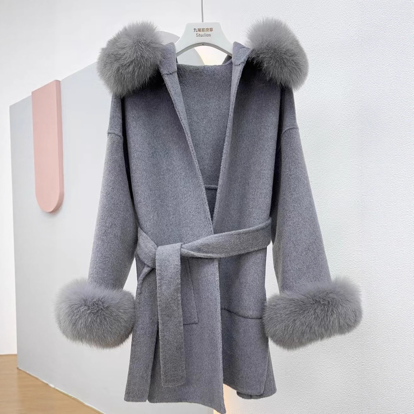 Real Fur Coat Hood Winter Jacket Womens 100% Natural Fox Fur Collar Cuff Cashmere Wool Blended Oversized Coat Loose 240826