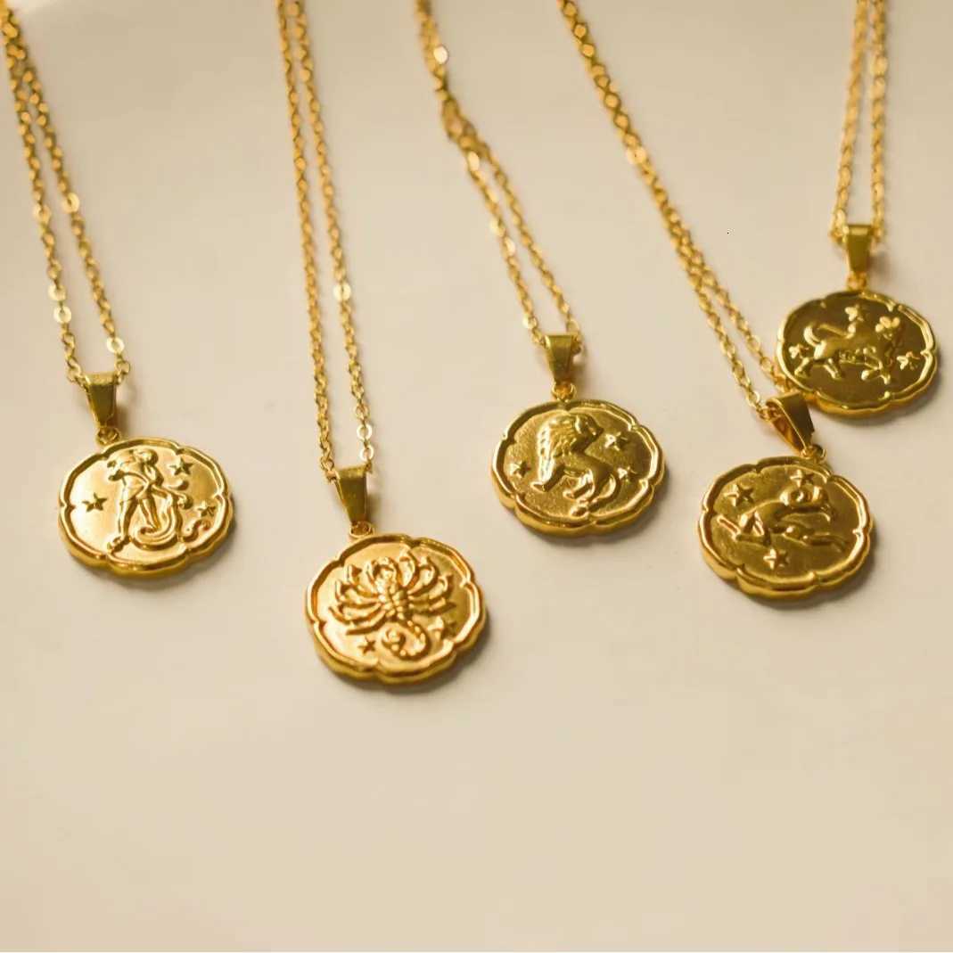12 Constellation Flower Shape Design Pendant Necklace Stainless Steel Gold Plated Necklace M251216