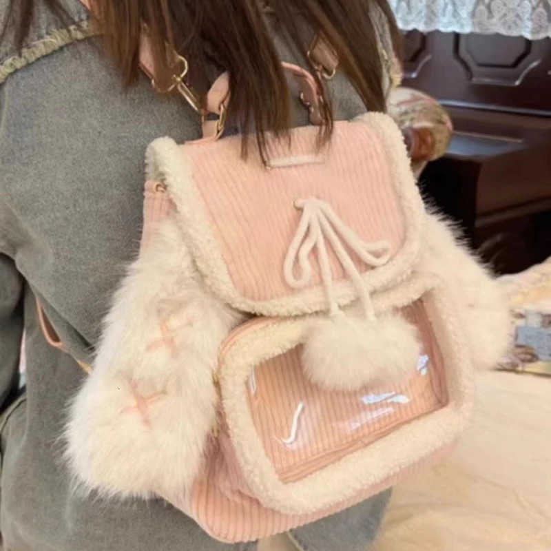 Sanrio Korean Patchwork Fluffy Ears Transparent Ita Bags Casual Simple Kawaii Cute Schoolbags Sweet Y2k Girls Fashion Backpacks Women H2512161