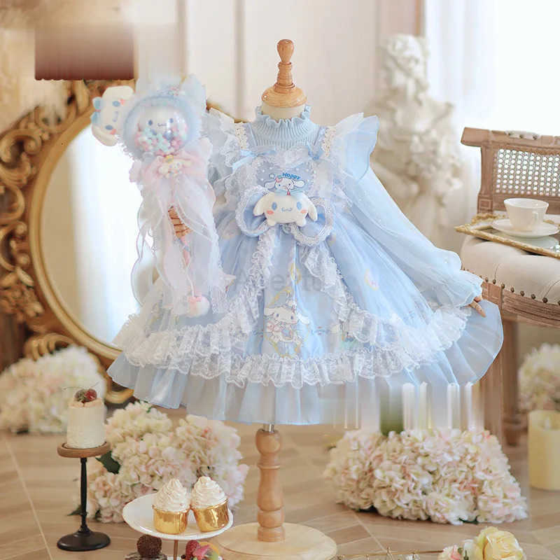 Sanrio Anime Cinnamoroll Girl Lolita Princess Dress with Lace Fluffy Skirt Bow Decoration Layered Ball Gown for Kids Festival Party H251216