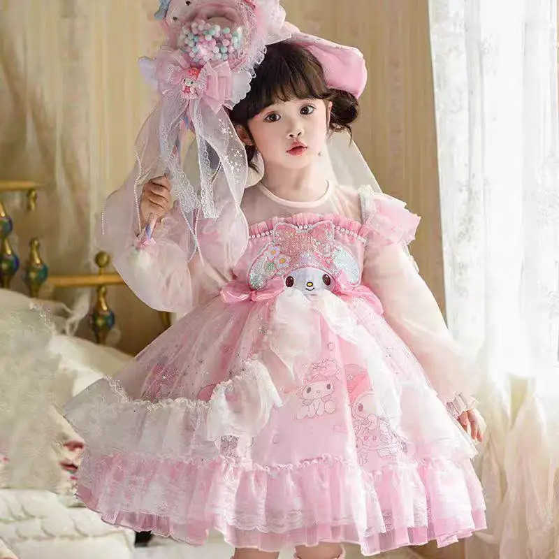 Sanrio Anime Melody Girls Lolita Dress Vintage Lace Party Dress for Kids Ruffled Cinnamoroll Princess Costume Yarn Skirt Holiday Gifts H251216