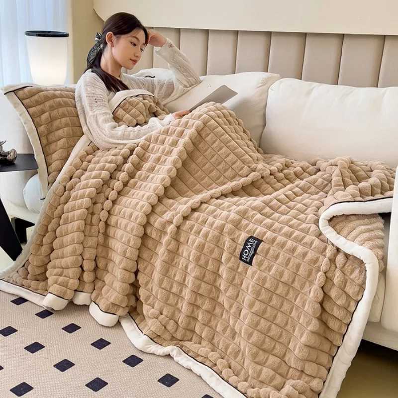 Thicken Solid Colour Double Layer Throw Blanket Soft Warm White Striped Office Nap Sofa Blankets Queen Double Fluffy Bed Plaid H251216 - view 3