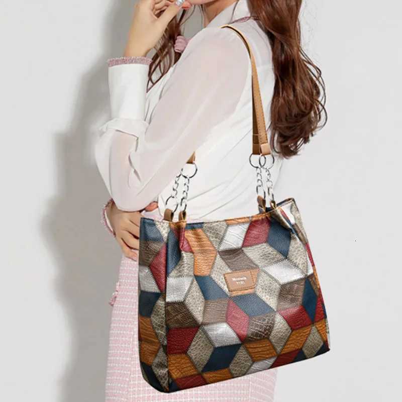 Fashion Contrast Color Large Capacity Female Tote Bag PU Leather Ladys Shoulder Bag Designer Womens Shopper Hand Bags M251216