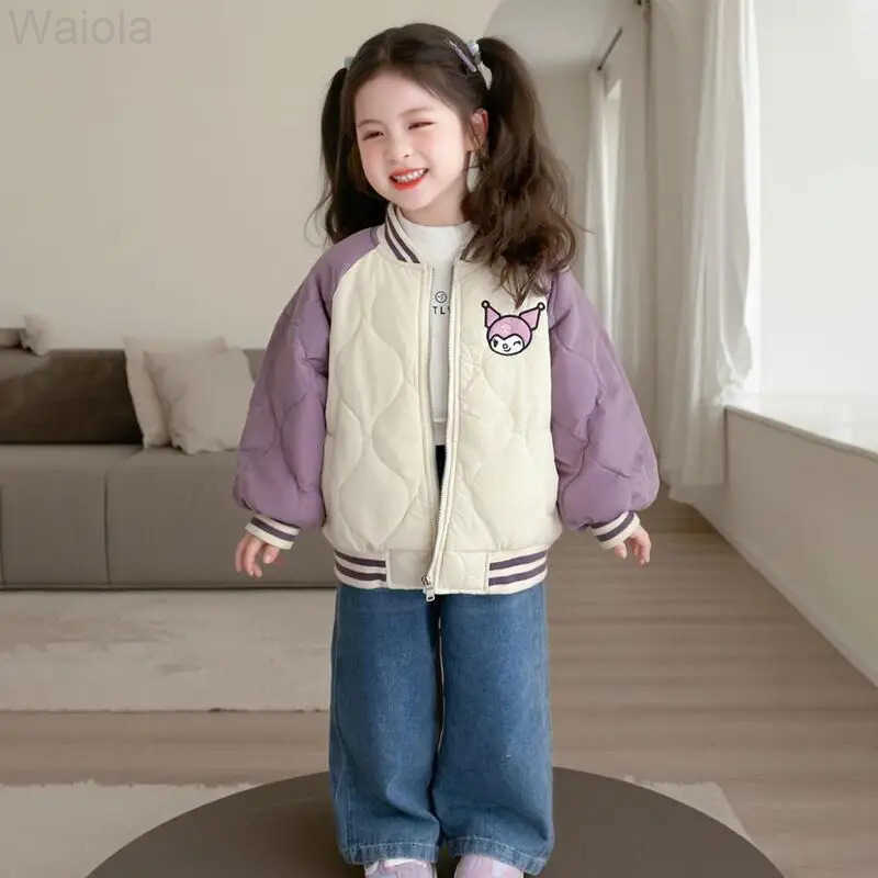Sanrio Kuromi Cotton-Padded Jacket Girl Winter Coat Tops Baseball Jersey Child Kawaii Anime Cartoon Fashion New Casual Clothing H251216