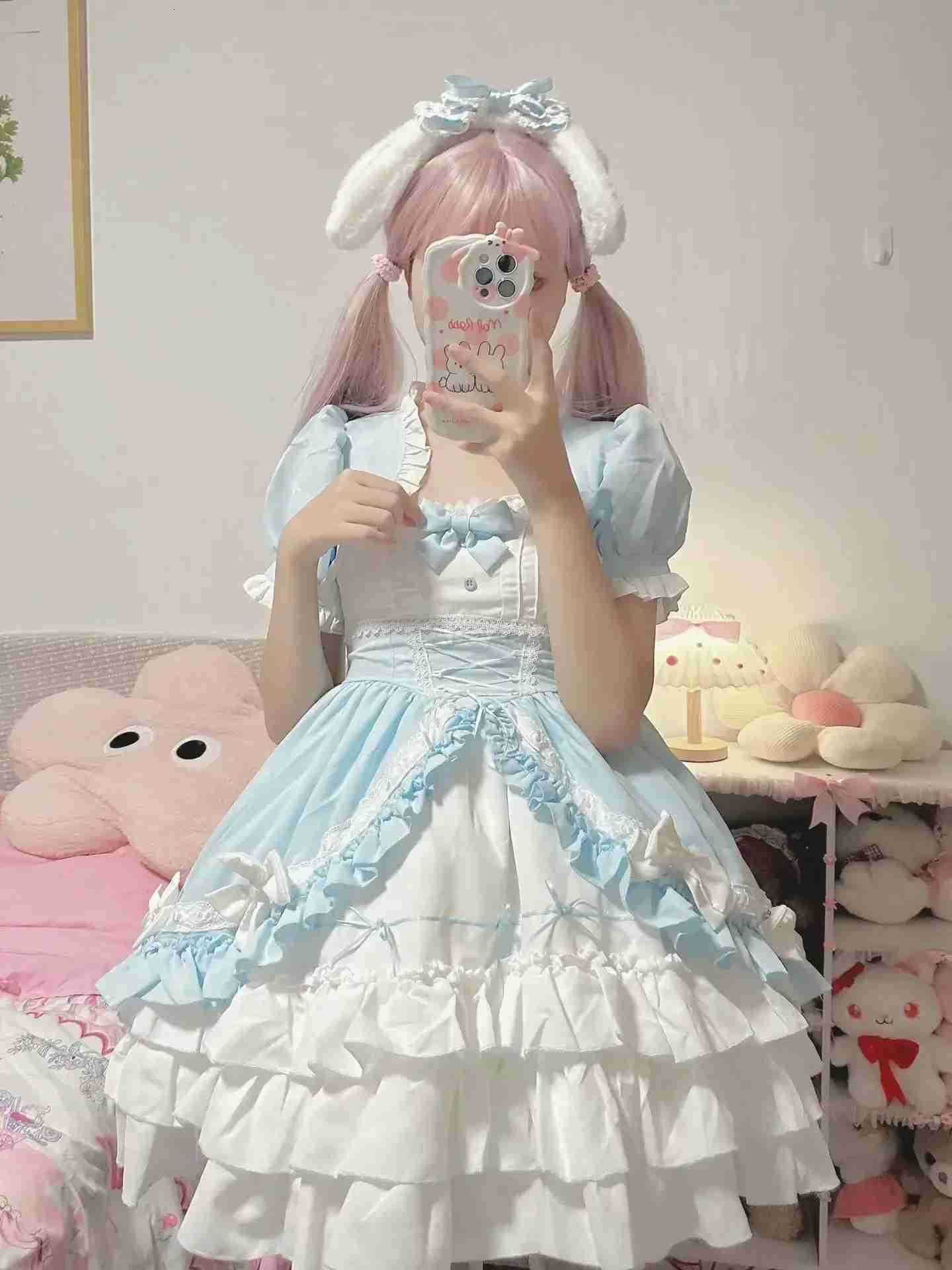 Sanrio Victorian Vintage Lolita Dress Women Gothic Cute Puff Short Sleeve Laminated Flounces Mini Dresses Bow Ruffles Princess Vestidos H251216