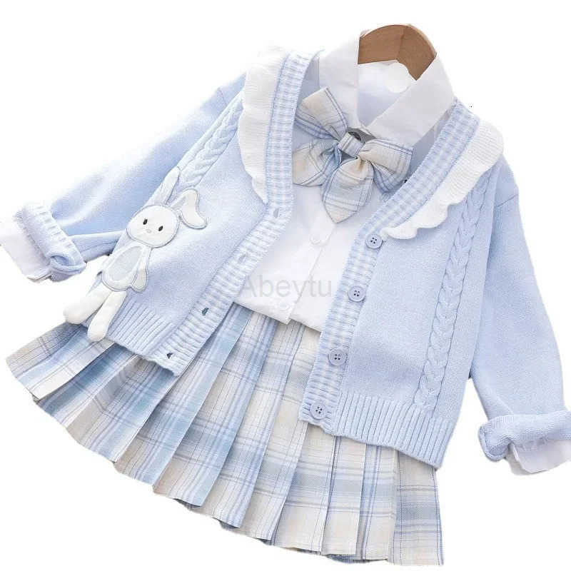 Sanrio Girls Jk Uniform Cartoon Rabbit Plaid Skirt Cardigan Sweater Kid Clothing Spring Autumn Kawaii Shirt Pleated Skirt 3Pcs H251216