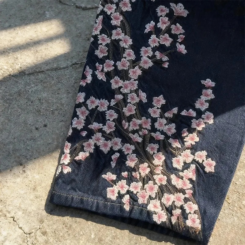 Y2K Baggy jeans Harajuku Pisces Embroidery Cherry Blossom Selvedge Denim Pants Gothic Vintage Casual wide leg pants streetwear 251212