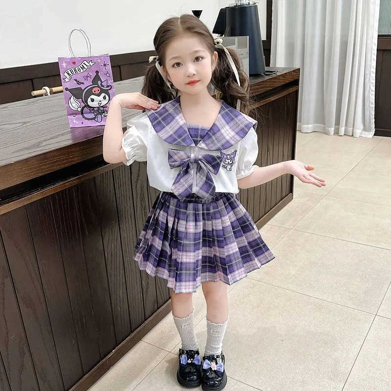 Sanrio Summer Kuromi Anime Kawaii Ins Fashion Short Sleeve Shirt Skirt 2025 New Cute Pleated Skirt Two-piece Set Clothes Gifts H251216
