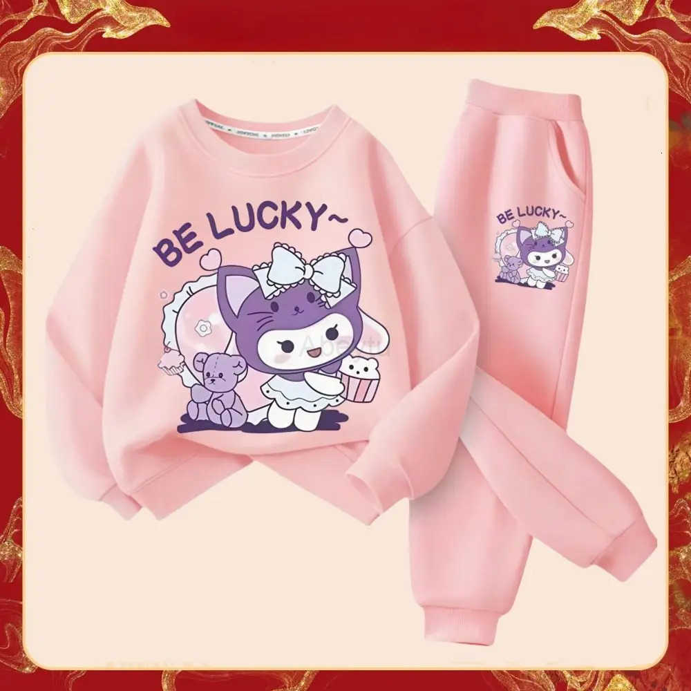 Sanrio 2025 Spring New Kids Cartoon Kuromi Clothing Sets Childrens Hoodies and Long Pants Two Piece Suit for Girl Casual Sweatsuit H251216