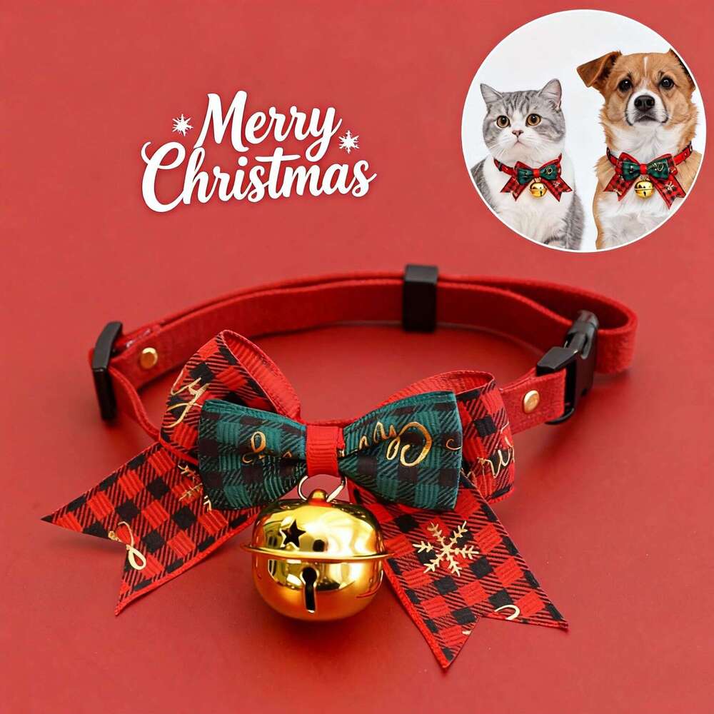 Christmas Pet Cartoon Collar Bell Bow & Cat Dog Necklace Red Green Cute Decoration