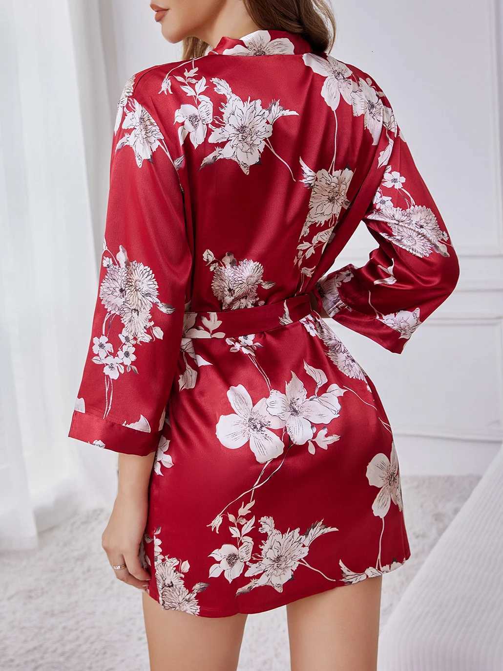 French-Inspired V-Neck Belted Robe Womens Lightweight Silk Loungewear Spring Floral Print Bathrobe with Flowy Sleeves C251216
