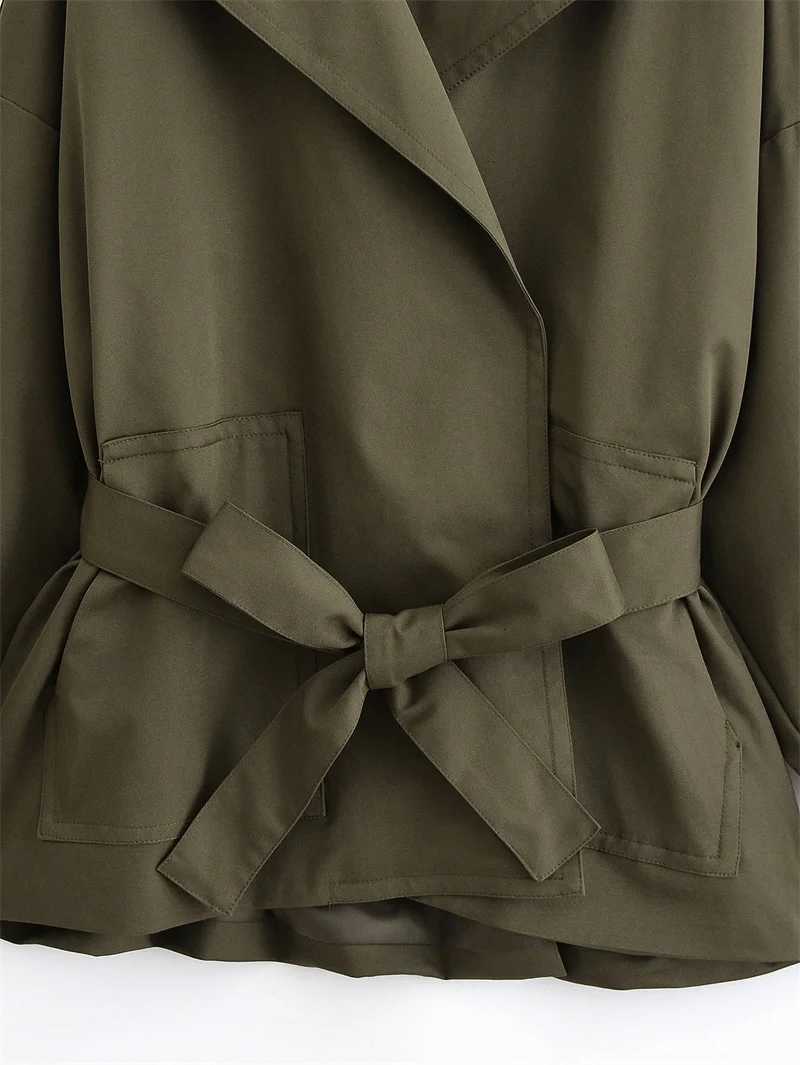 Womens Trench Coat 2025 Autumn New Style Army Green Long Sleeve Ruffled Decorative Belted Trench Coat British Style FashionableT251216