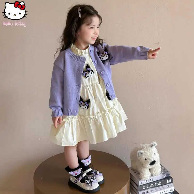 Sanrio Girls Kuromi Knitted Jacket Ruffled Dress Suit Kawaii Spring and Autumn New Cartoon Girls Clothing Anime Sweater Dress H251216