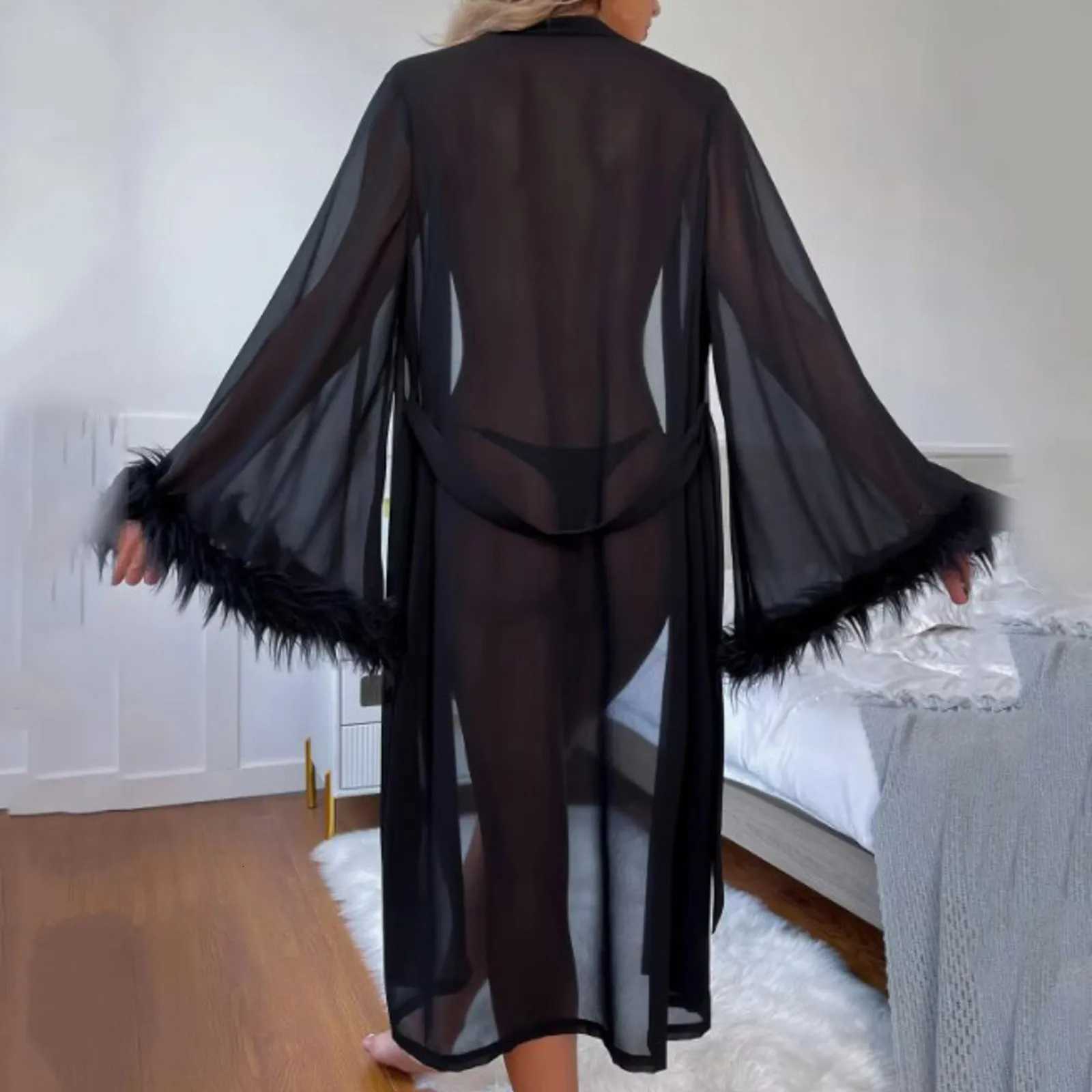 Women Fashion Bathrobe Lacing Up Sexy Lingerie Tulle Underwear Dress Floor Length Maxi Dressing Gown Robes Feather Long Robe C251216