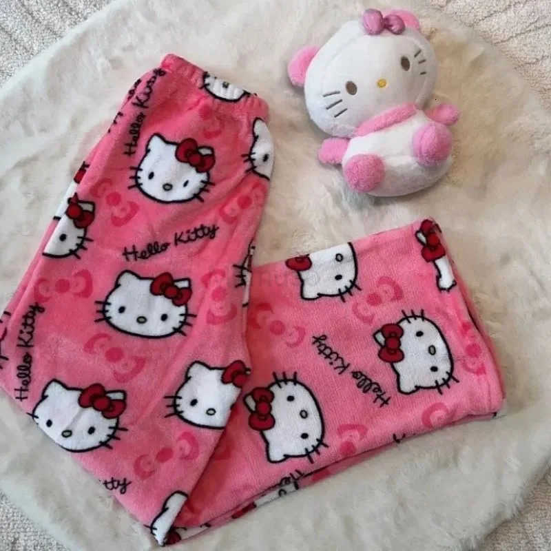 Sanrio New Hello Kitty cartoon flannel mid-waist pajama pants loose pajamas cute print casual warm home comfort kawaii gift H251216