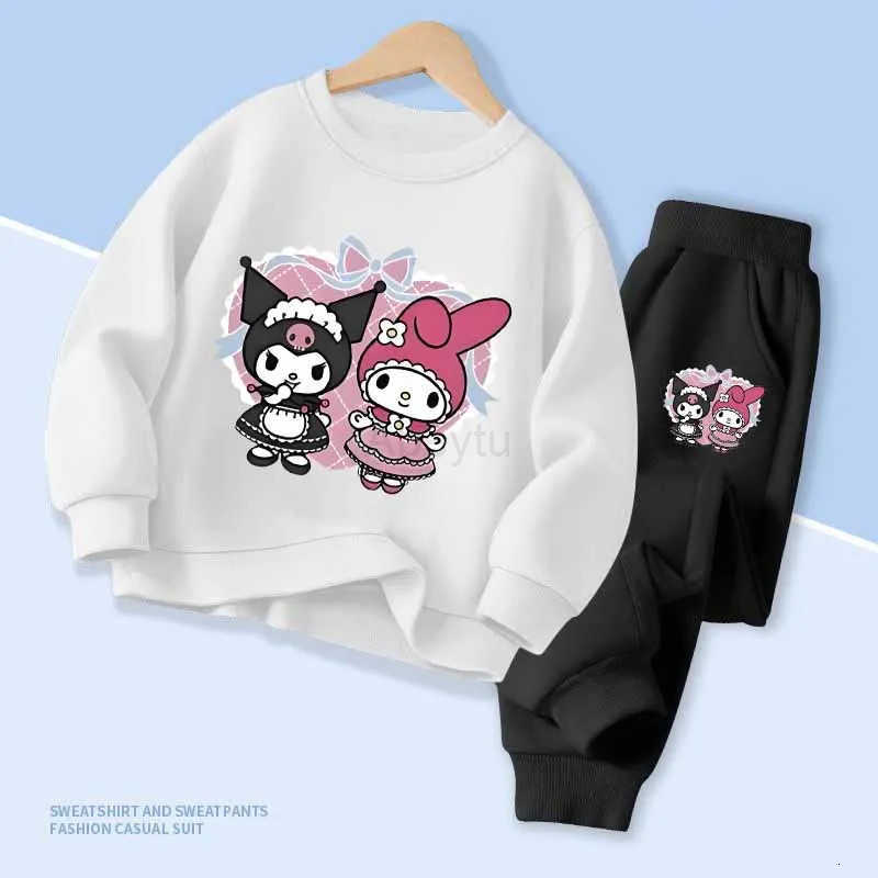 Sanrio Spring Childrens Colthes Sets Cartoon Kuromi and My Melody Print Girls Pullover Tops and Pants 2pcs Breathable Thin Kids Clothes H251216