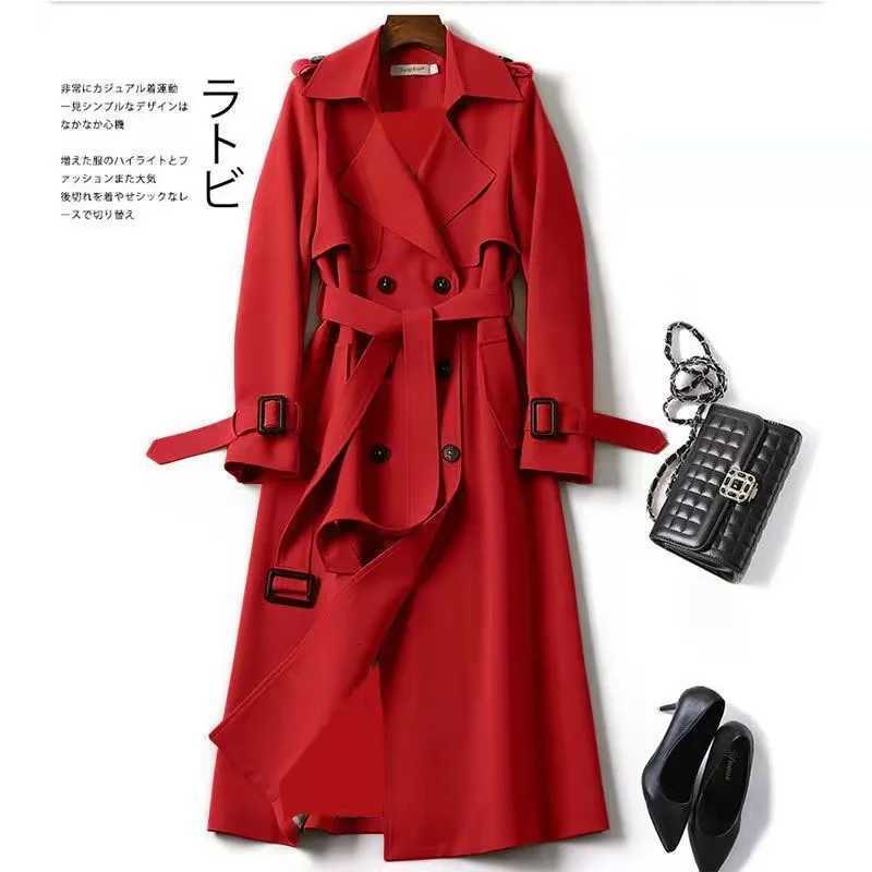 Womens Trench Coat 2024 Autumn Korean Long Jacket with Belt Solid Double-breasted British Style Khaki Coat For Women Red BlueT251216