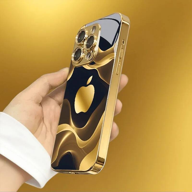 Gilded Fluid Apple Pattern Gold Metallic Paint Glass Phone Case For iPhone 11 12 13 14 15 16 17 Pro Max Plus 17Air 16E Cover
