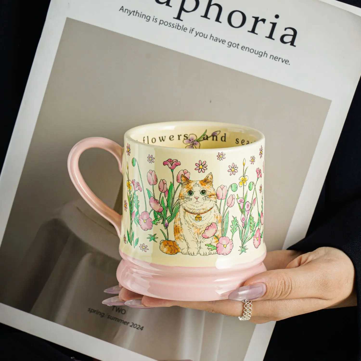 Cute Cat Ceramic g Amidst Flowers Design Inspired Off Coffee gs High-value Couple Tea Cup Holiday Gift Kawaii Cup H251215