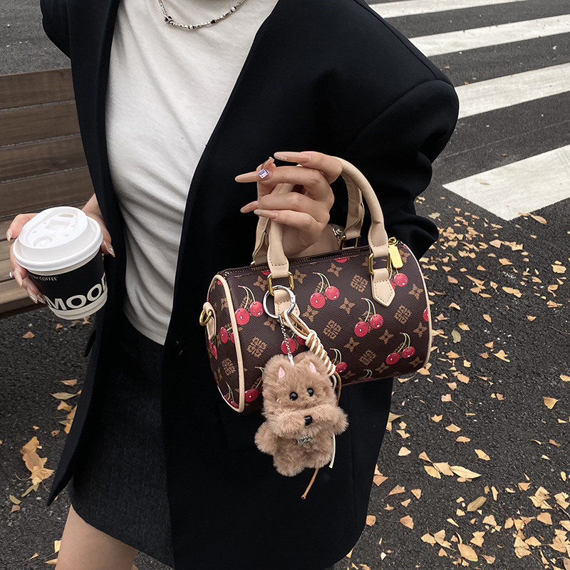 New elegant womens handbag cherry print sophisticated Boston bag versatile party crossbody bag free shipping white dark brown