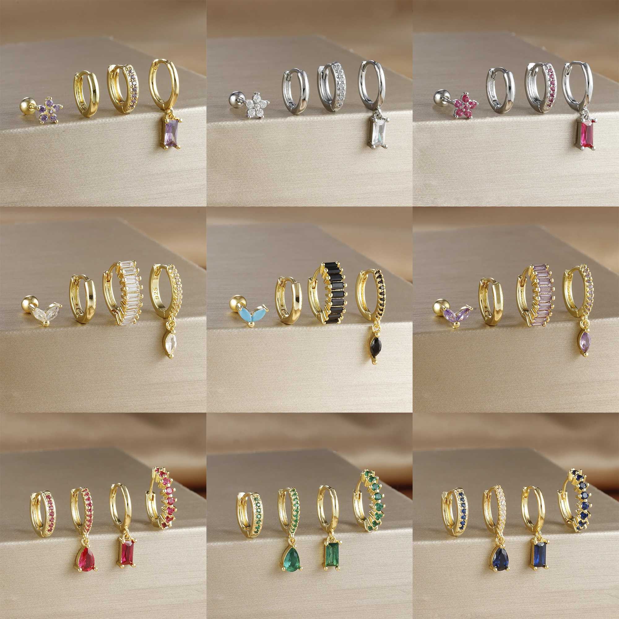 4PCS/Set Classic Little Crystal Flower Stainless Steel Earrings for Women Personality Square Pendant Earring Piercing Jewelry G251216